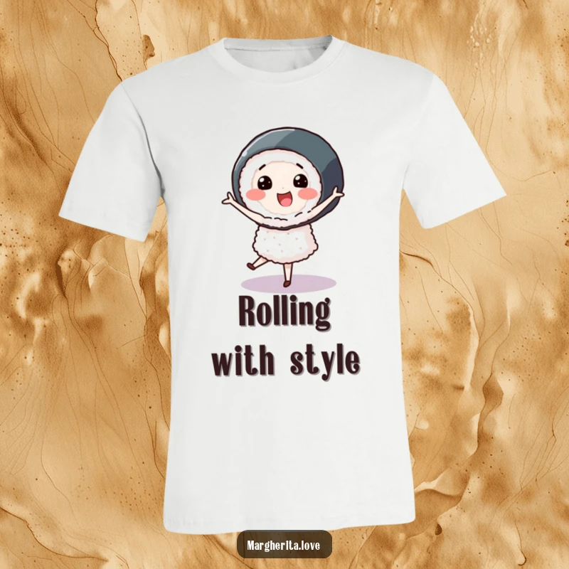 Smiling sushi roll character performing a graceful pirouette, depicted on a humorous and artistic t-shirt.