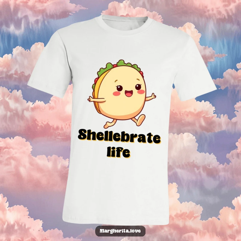 Funny taco jump t-shirt depicting a cheerful taco with legs performing an enthusiastic jump, symbolizing pure happiness and deliciousness.