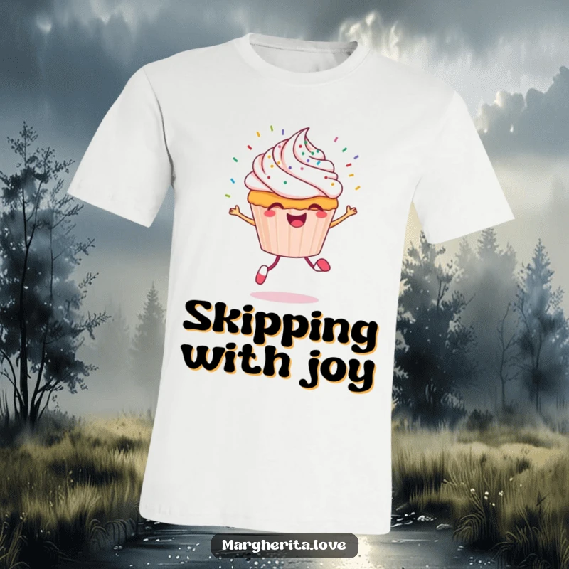 Funny cupcake t-shirt featuring a cheerful cupcake character in a skipping motion with sprinkles dramatically flying outwards.