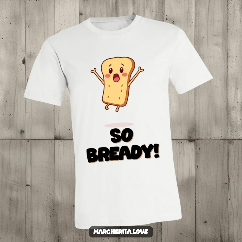 Funny t-shirt depicting a breadstick character caught mid-air, expressing comical surprise and exuberance.