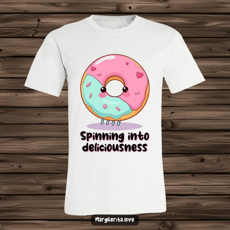 Funny donut t-shirt featuring a gleeful character spinning on a fork, great for casual wear and foodies.