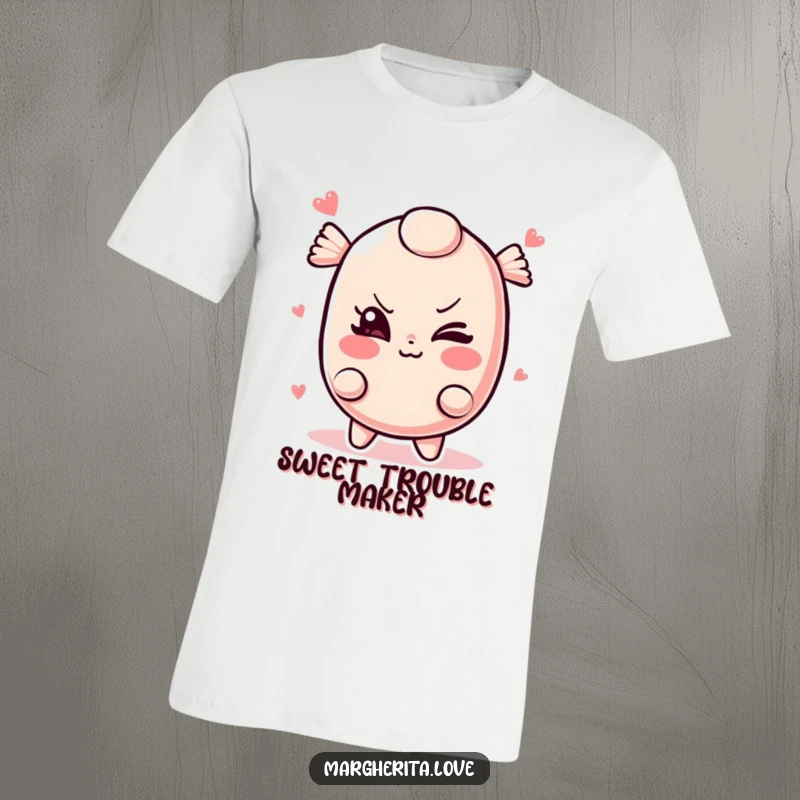 Funny candy t-shirt with a mischievous candy character giving a playful wink, exuding cheeky charm.