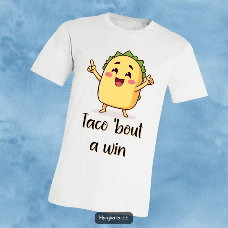 Funny t-shirt print of a grinning taco with arms doing a victory dance, showcasing festive energy and humor, great funny gift.