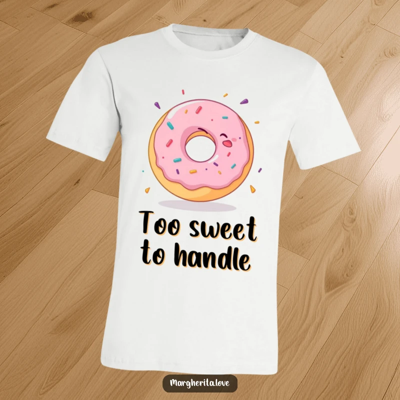 Funny donut t-shirt with a delighted donut captured in a joyful, spinning motion, symbolizing happiness and fun.