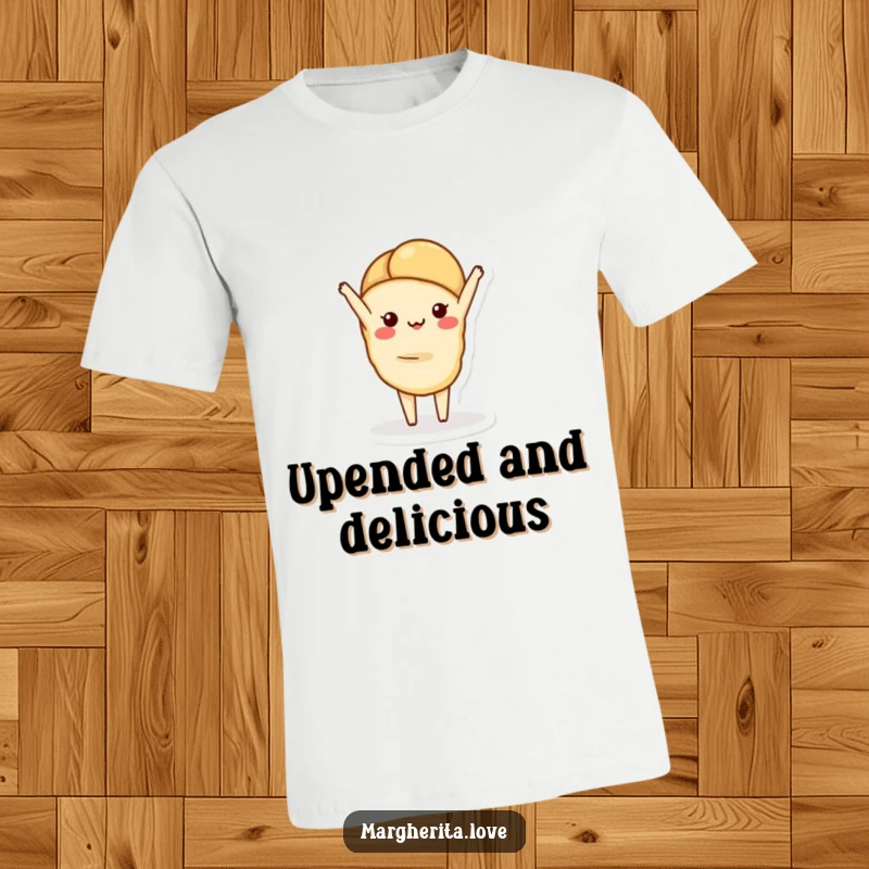 Funny t-shirt showcasing a charming croissant character in a playful handstand pose, ideal for a whimsical and stylish look.