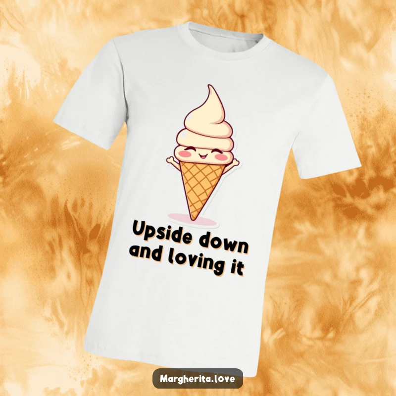 Funny winking ice cream cone in a headstand pose, printed on a t-shirt for a cool and humorous look.