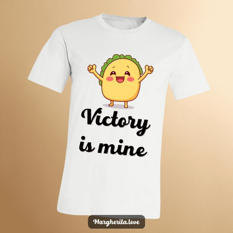 Funny t-shirt showcasing a grinning taco with outstretched arms performing an energetic victory dance, radiating pure happiness.