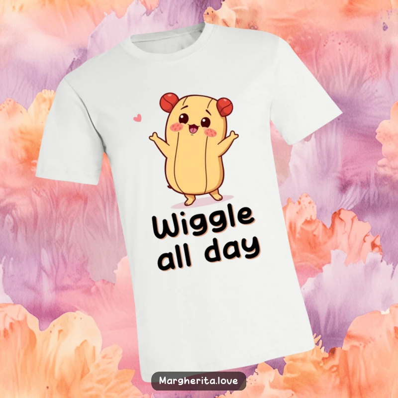 Funny T-shirt showcasing a hot dog character doing a playful, funny shimmy dance with enthusiasm.