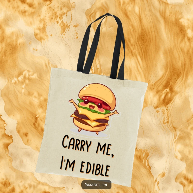 Funny tote bag featuring a playful burger character happily performing a self-flip, ideal for carrying essentials with a humorous flair.