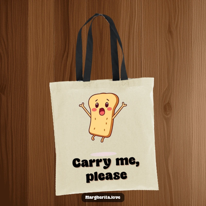 Funny tote bag with a surprised breadstick character jumping, a humorous and practical accessory for snack enthusiasts.