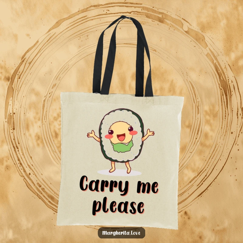 Funny tote bag featuring a happy sushi roll person dancing, a stylish and humorous way to carry essentials.