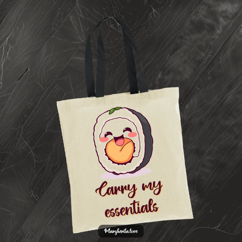 Funny sushi roll wiggle tote bag showing a delighted sushi roll wiggling with happiness, a perfect accessory for carrying items with humor.