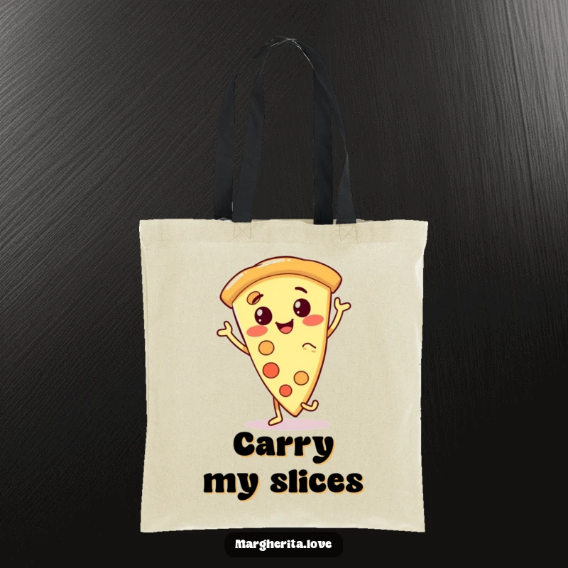 Funny pizza slice tote bag displaying a smiling, anthropomorphic pizza character performing a happy dance, great for carrying essentials with humor.