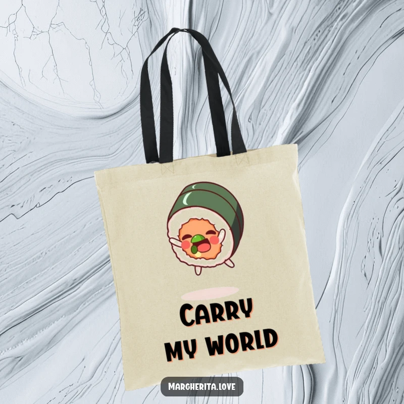 Funny tote bag showing a happy sushi roll character doing a playful somersault, a vibrant and amusing accessory.
