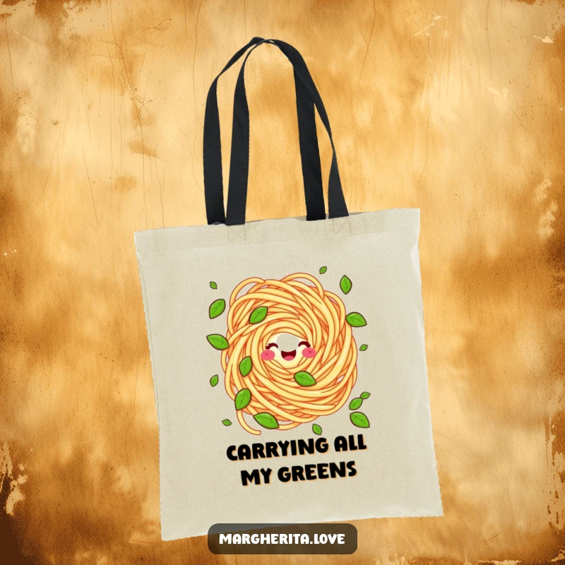 Funny tote bag featuring an energetic pasta swirl character juggling basil leaves, practical and full of culinary humor.