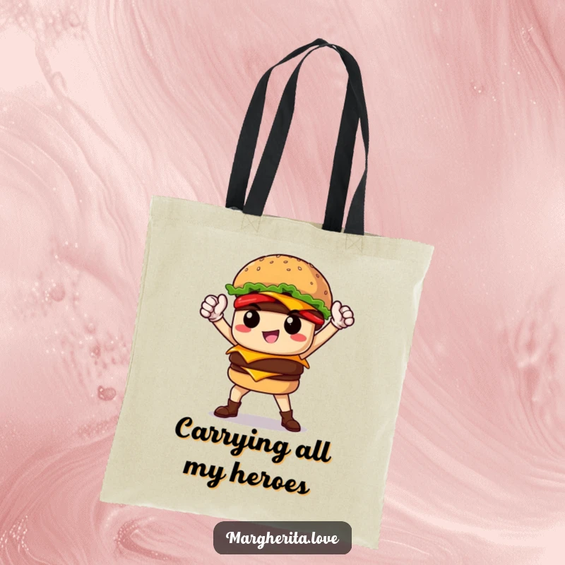 Funny proud burger hero posing powerfully on a tote bag, ideal for carrying essentials with a heroic flair.