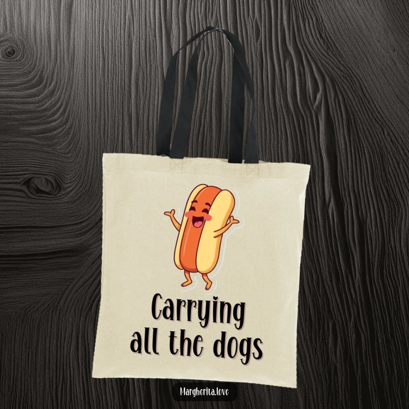 Funny tote bag featuring a goofy hot dog character doing a silly jig, designed for stylish and cheerful everyday use.
