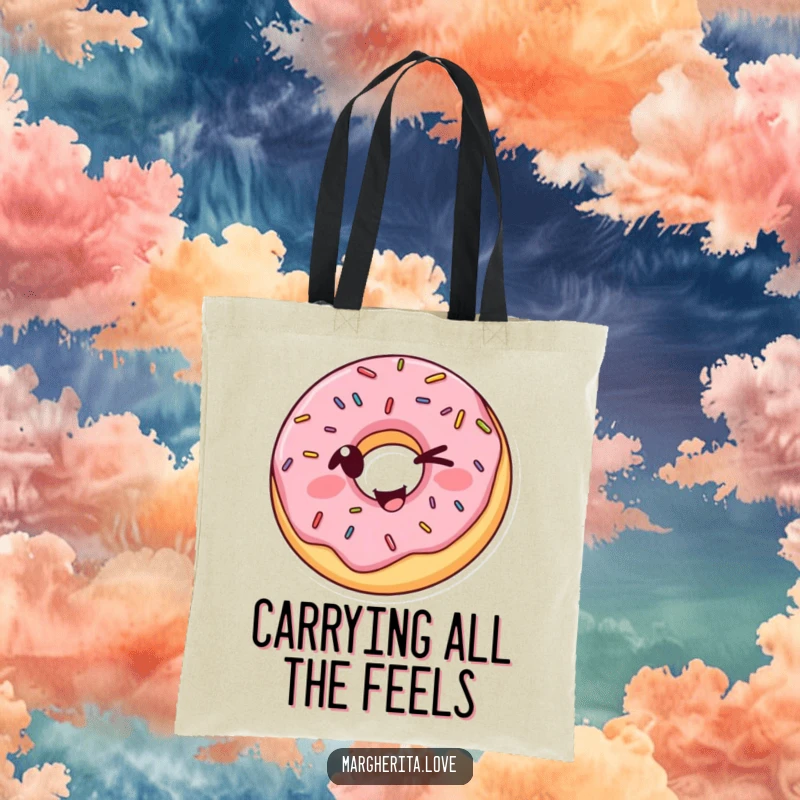 Funny Donut Tote Bag depicting a winking donut with sprinkles in a silly pose, ideal for stylish and humorous everyday use.