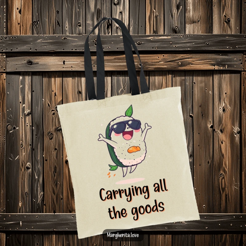 Funny tote bag showing a delighted sushi piece in sunglasses doing a backflip, perfect for carrying groceries with attitude.
