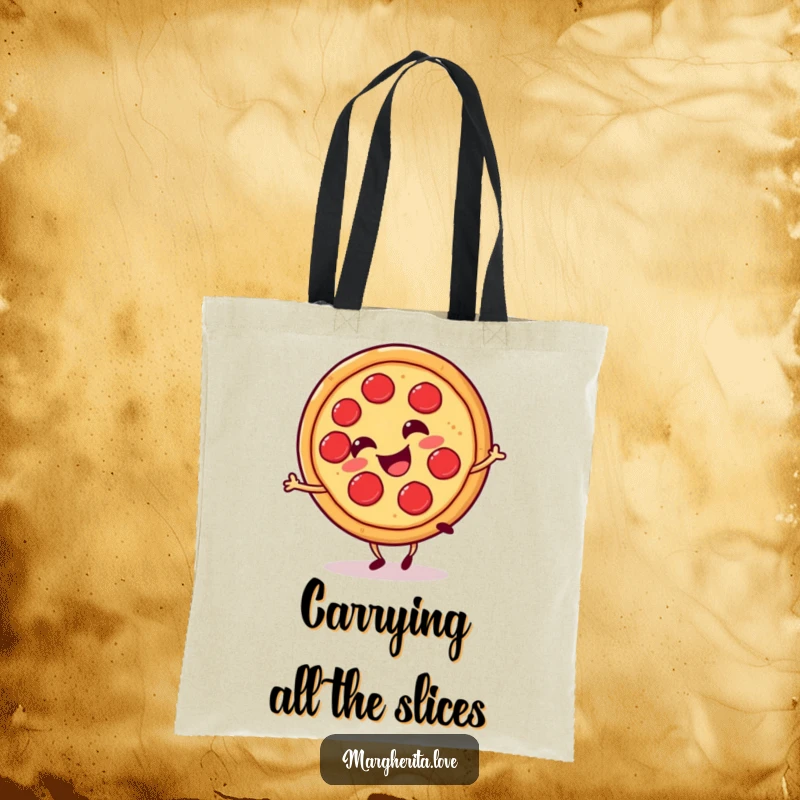 Funny pizza slice cartwheel tote bag, showing a happy pizza slice gleefully cartwheeling, perfect for stylish shopping.
