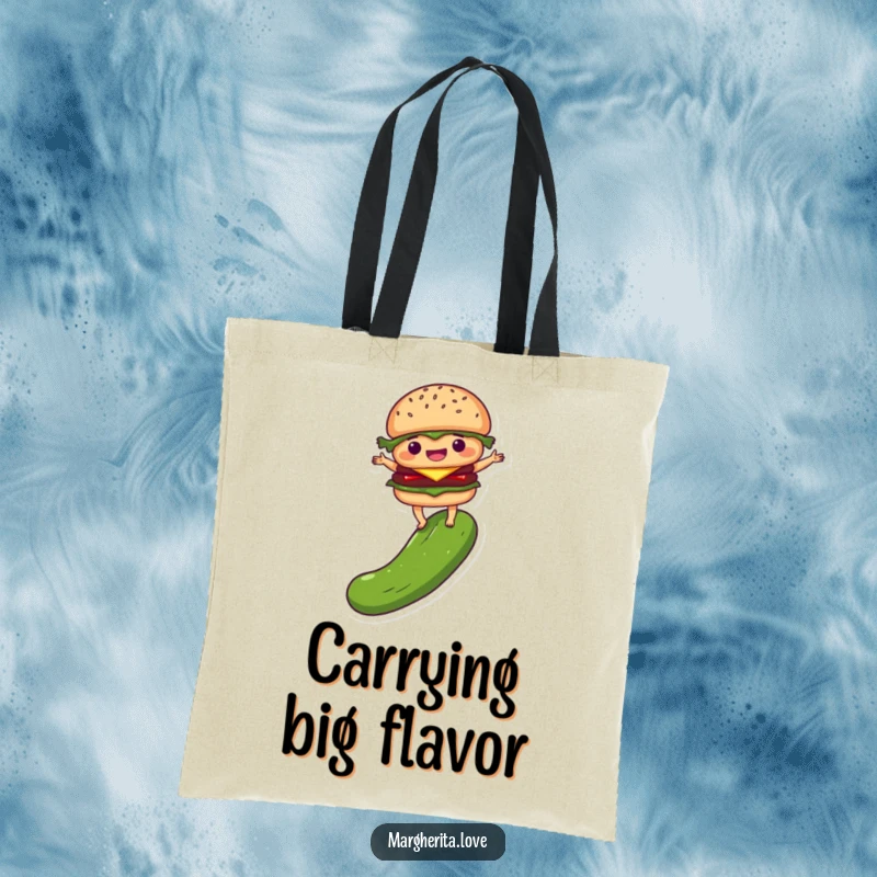 Funny tote bag with a delighted burger person balancing on a pickle, ideal for stylishly and humorously carrying items for foodies.