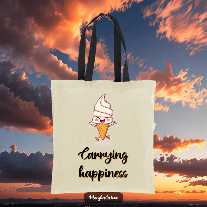 Funny ice cream tote bag with a beaming ice cream cone joyfully skipping, perfect for shopping and spreading cheer.