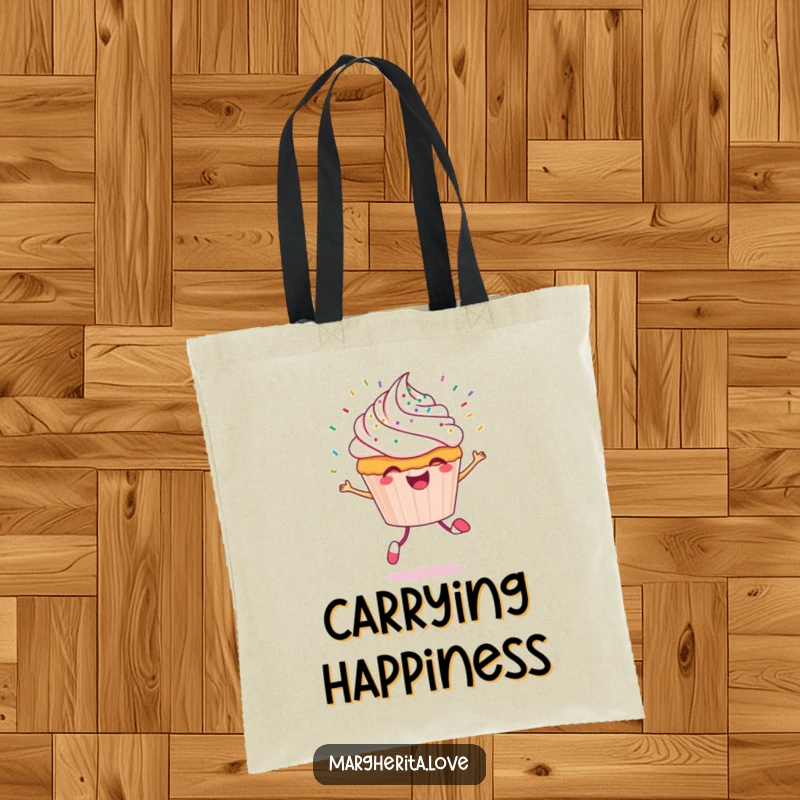 Funny cupcake tote bag depicting a cheerful cupcake character skipping with colorful sprinkles flying around, perfect for shopping.