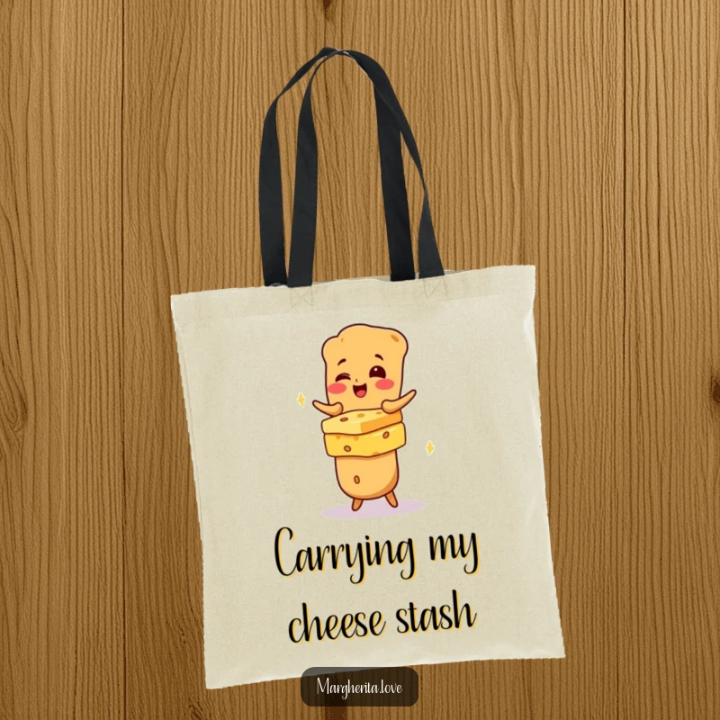 Funny giggling baguette character expertly balancing cheese on a tote bag, ideal for stylish grocery shopping.