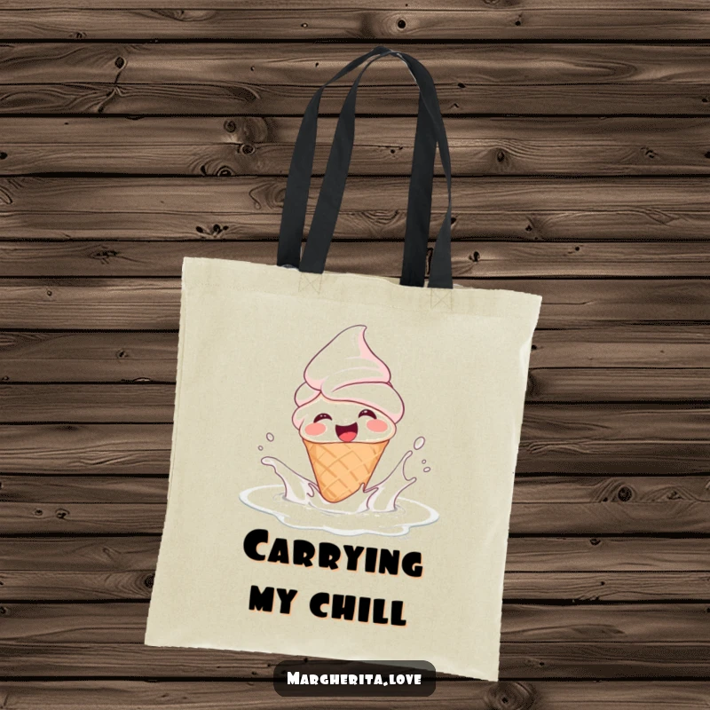 Funny tote bag with a giggling ice cream cone person splashing in milk, ideal for stylishly and humorously carrying items.