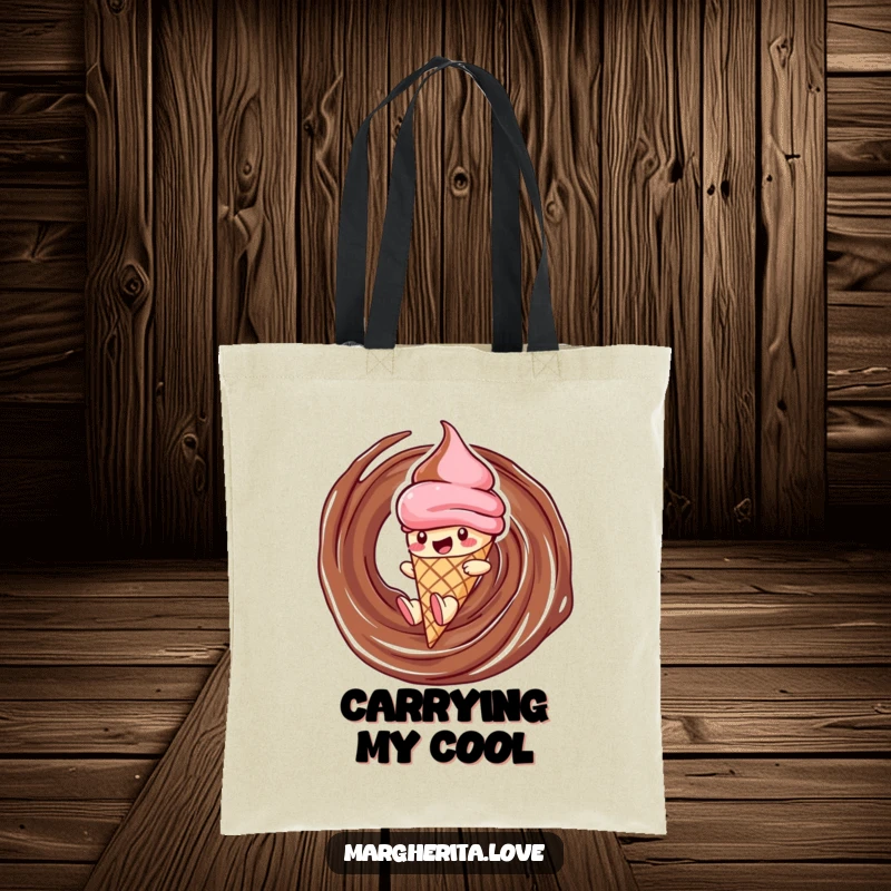 Funny ice cream tote bag designed with a delighted cone character sliding down a chocolate swirl, a humorous and practical accessory.