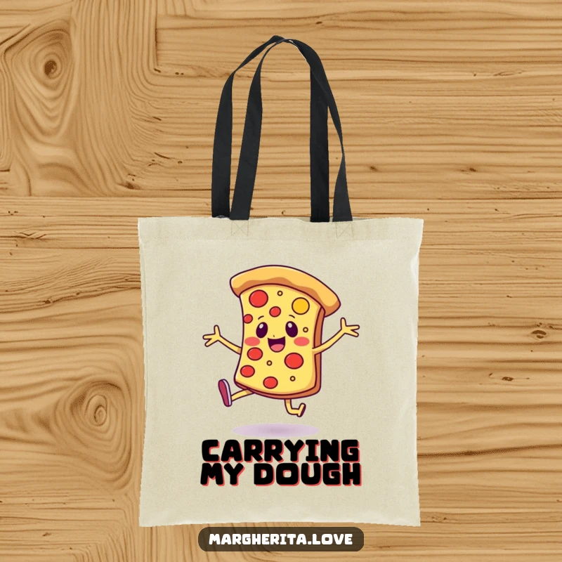 Funny tote bag featuring a cheerful pizza slice with legs, dancing joyfully, celebrating food and fun on the go.