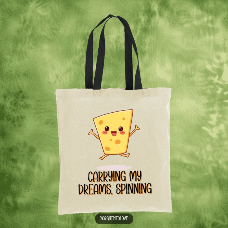 Funny cheese wedge tote bag in a ballet pirouette pose, great for shopping and dance class essentials.