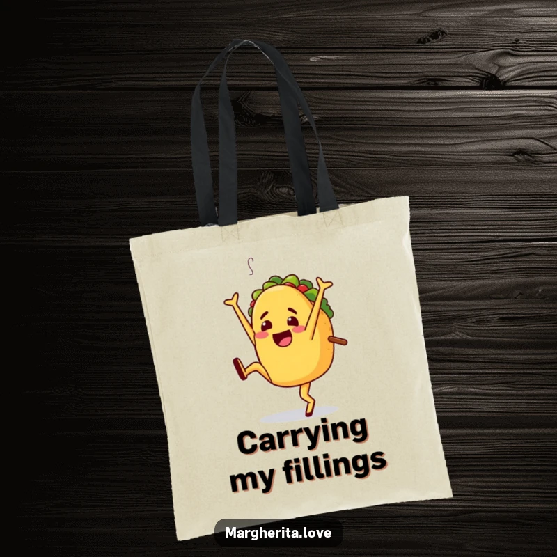Funny tote bag with a jaunty taco character doing a cartwheel, perfect for carrying groceries with a festive and humorous touch.