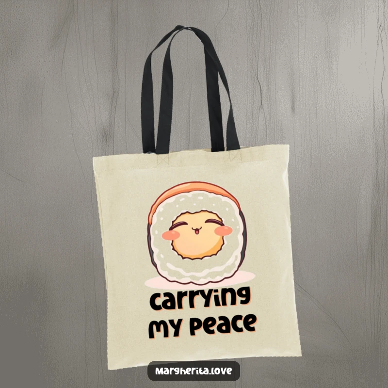 Funny contented sushi roll tote bag, showing a peaceful sushi roll basking in warmth, perfect for calm outings.