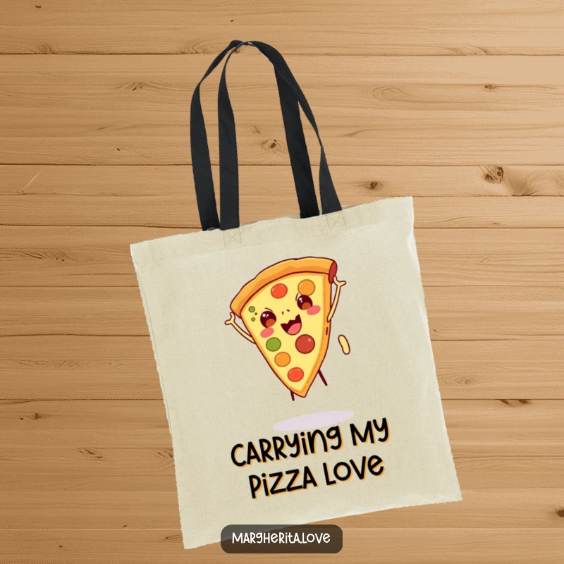 Funny tote bag featuring a happy pizza slice with legs doing a cartwheel, perfect for carrying groceries with a touch of humor, funny gift.