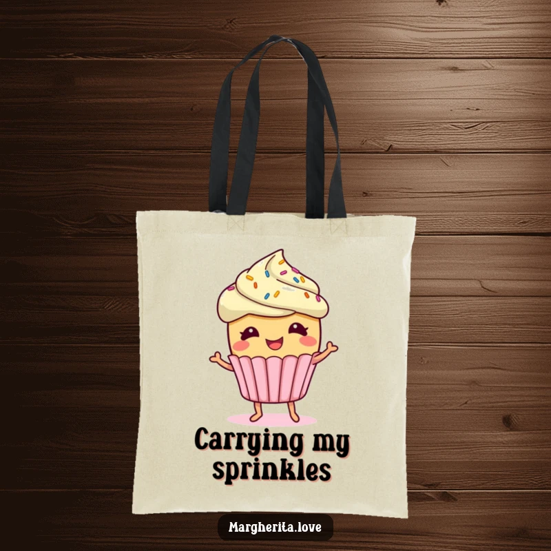 Funny giggling cupcake character with sprinkles doing a little jig, featured on a durable tote bag, ready for use.
