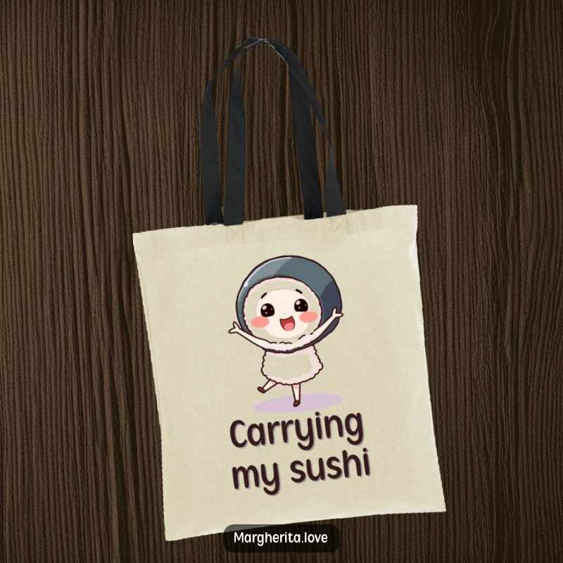 Smiling sushi roll character performing a graceful pirouette, on a durable and humorous tote bag for everyday elegance.
