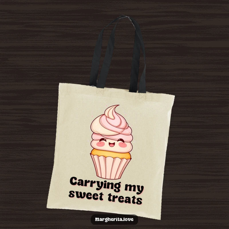 Funny tote bag featuring a playful cupcake with frosting hair, spinning excitedly, perfect for carrying goodies in style.