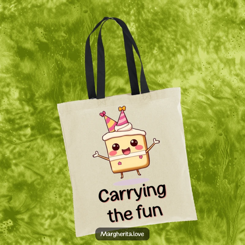 Funny tote bag with a happy, bouncing cake slice in a party hat, perfect for carrying goodies.
