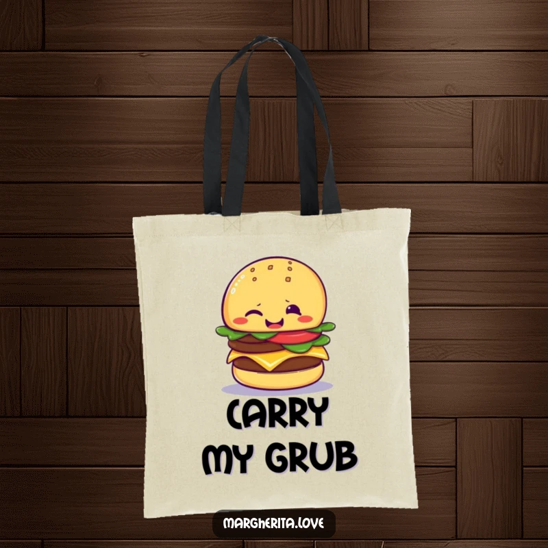 Funny cheeseburger wink tote bag showing a giggling cheeseburger giving a playful wink, a perfect accessory for carrying items with humor.