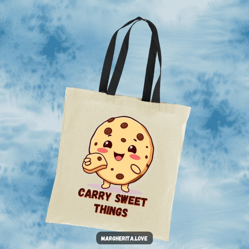 Funny cute cookie character offering a bite, charming tote bag.