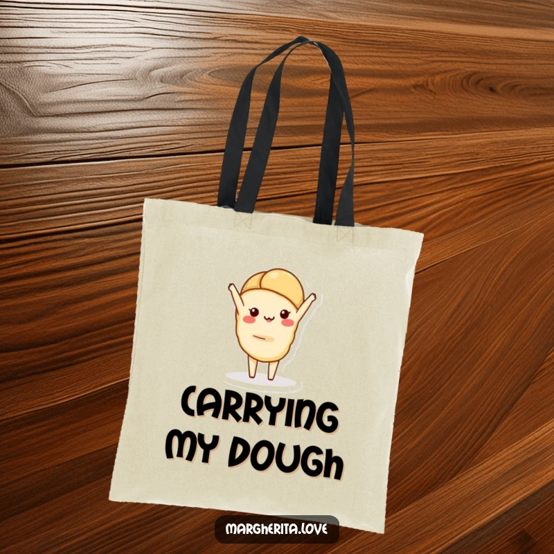 Funny tote bag designed with a charming croissant character performing a handstand, perfect for carrying essentials with whimsical style.
