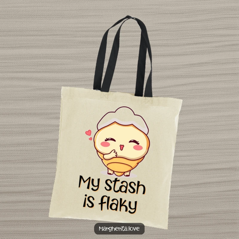 Funny tote bag with a winking croissant character blowing a kiss, making errands cheerful and stylish with its sweet charm.