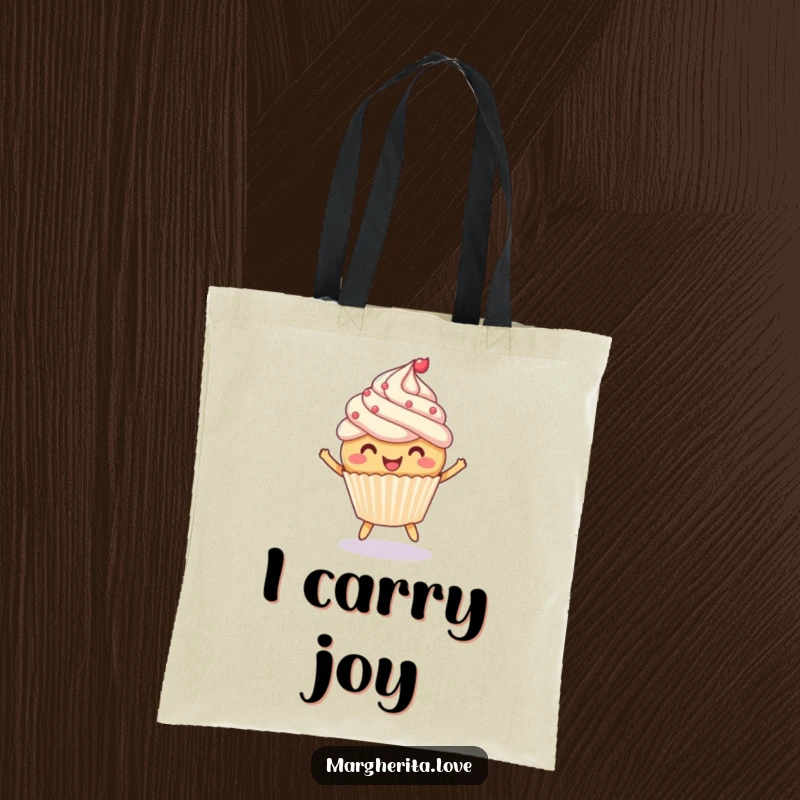 Funny tote bag with a cheerful cupcake energetically bouncing a ball, perfect for carrying essentials with joy.
