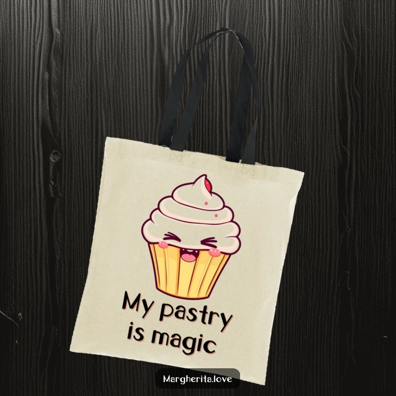 Funny tote bag designed with a delightful cupcake character giving a mischievous wink, perfect for stylish and humorous carrying.