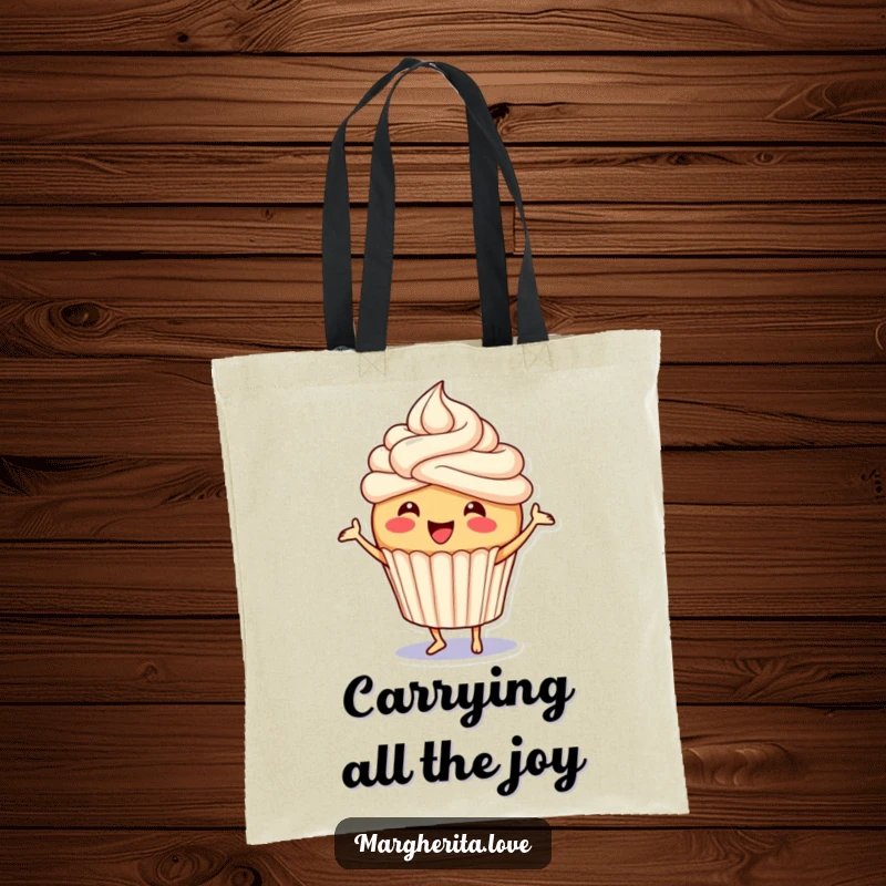 Funny cupcake tote bag featuring a joyful character with frosting, captured mid-dance, a stylish and humorous companion for your day.