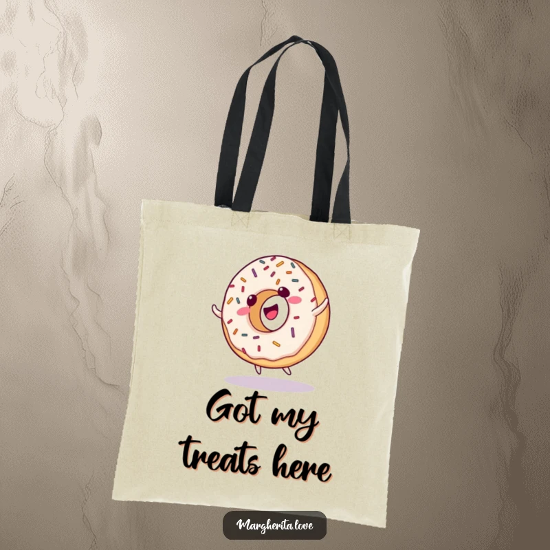 Funny tote bag featuring a giggling donut with sprinkles, doing a cartwheel, perfect for carrying treats and essentials.