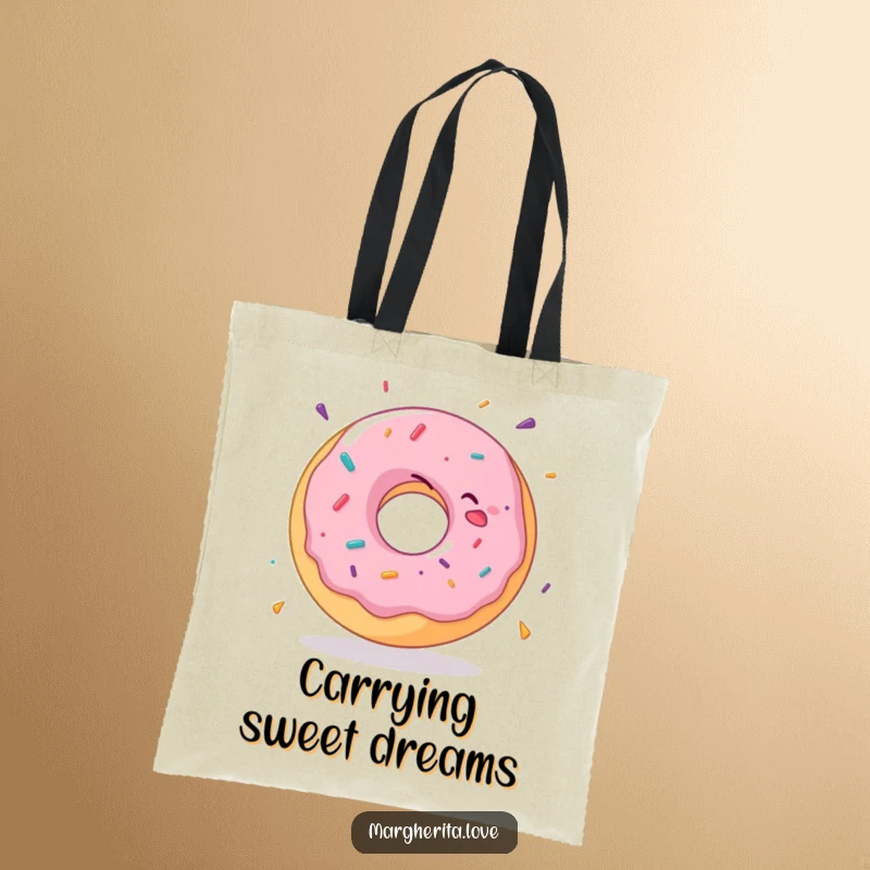 Funny donut tote bag featuring a happy, spinning donut illustration, perfect for shopping and spreading cheer.