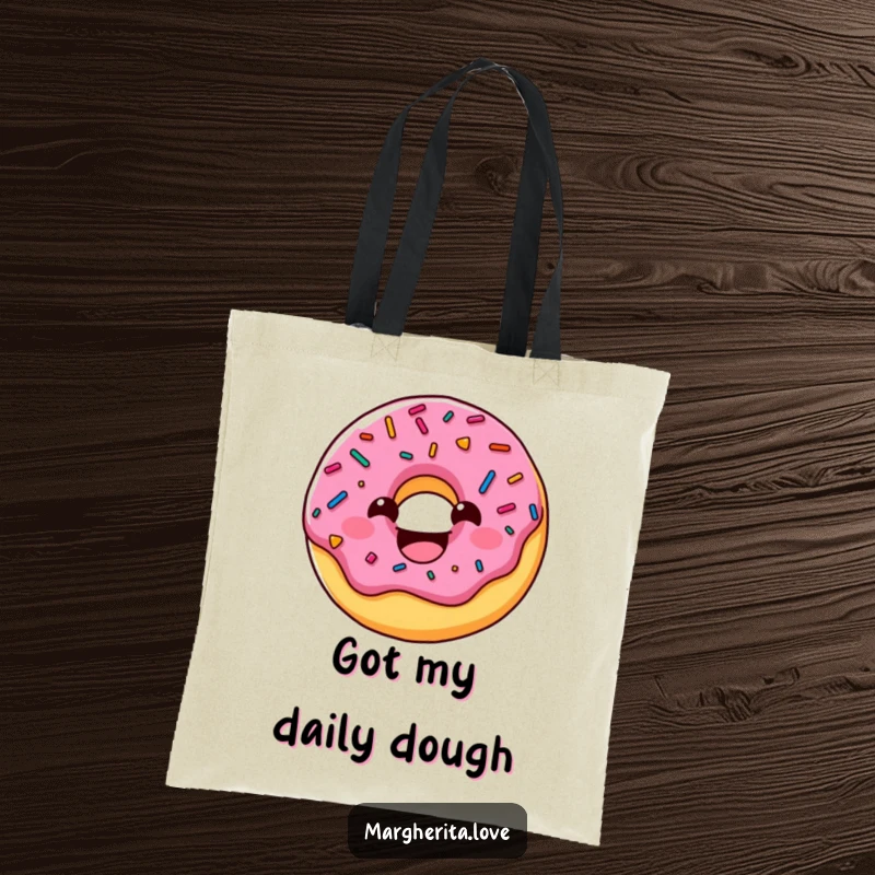 Funny donut tote bag designed with a charming character covered in sprinkles, grinning widely, a stylish and humorous accessory.
