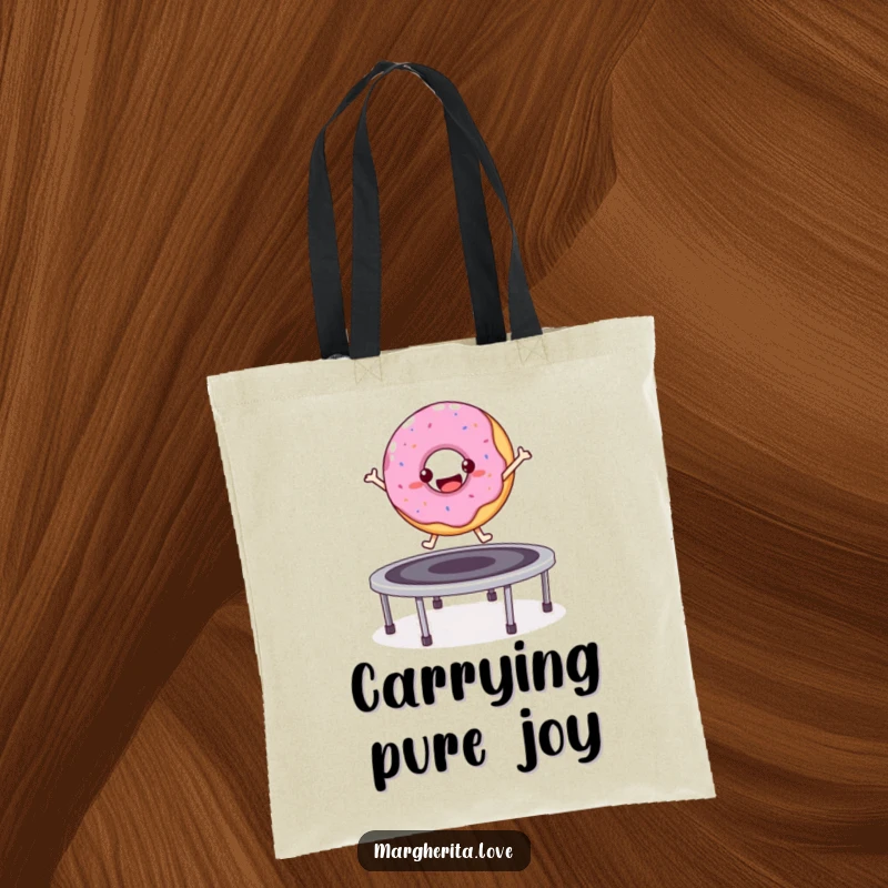 Funny bouncy donut character jumping on a trampoline, durable tote bag.